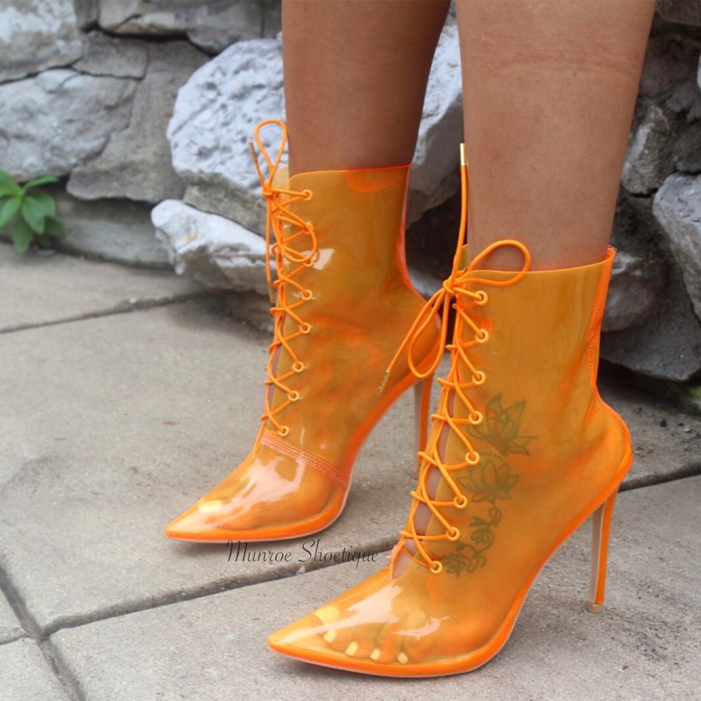 Orange Transparent Lace Up Pointy Toe Booties